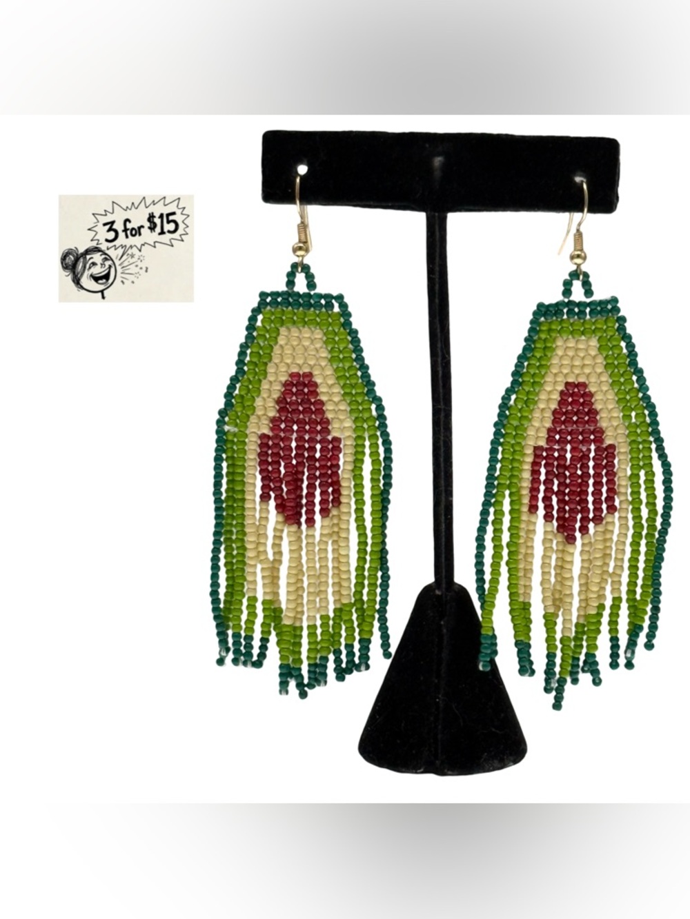 Handmade Avocado Beaded Fringe Earrings - Boho Long Tassel Dangle Jewelry